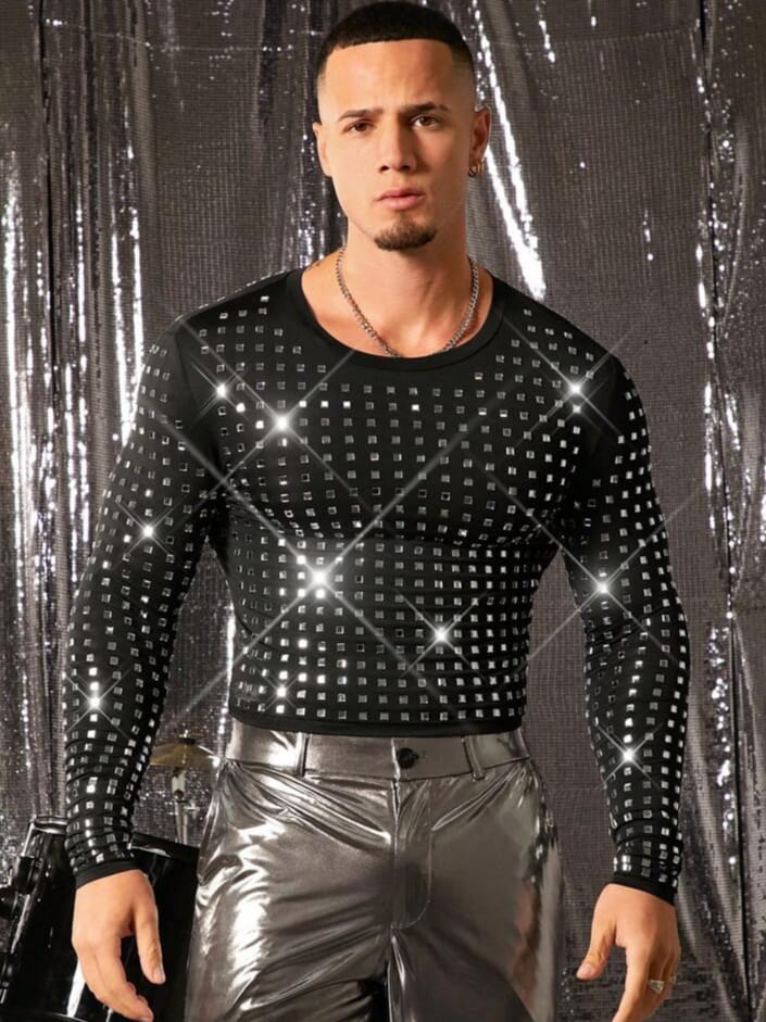 Bonga Boys Rhinestone Decorated Tight Fit Crew Neck Long Sleeve T-Shirt